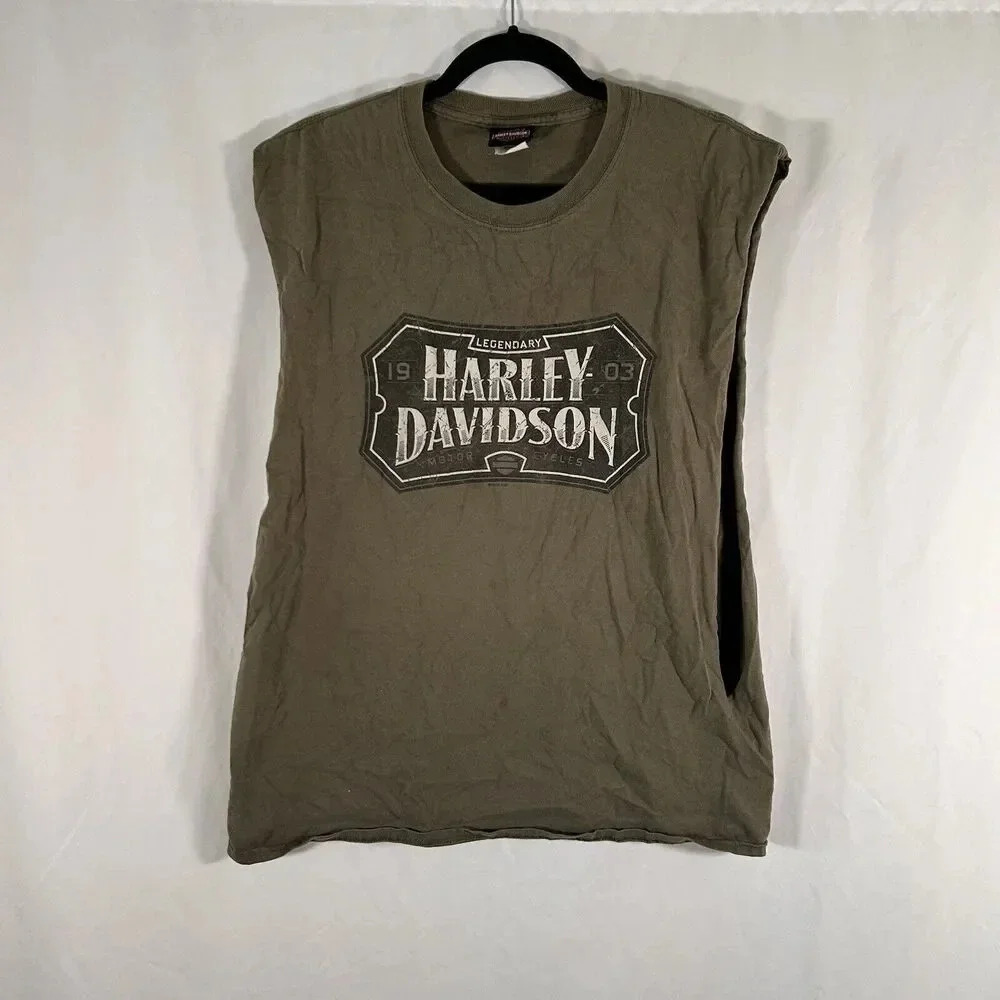 Vintage Harley Davidson Tank Top Men's Large Green Cut Off Twister City - Picture 1 of 12